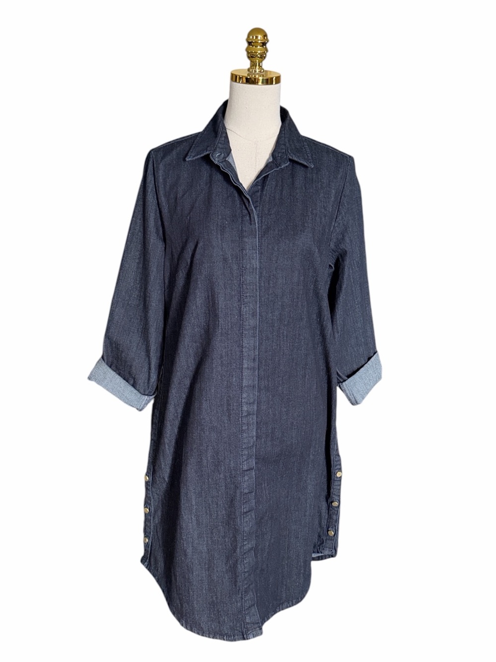 Chico's Dark Wash Button Side 3/4 Sleeve Denim Shirt Dress Women’s Size Medium